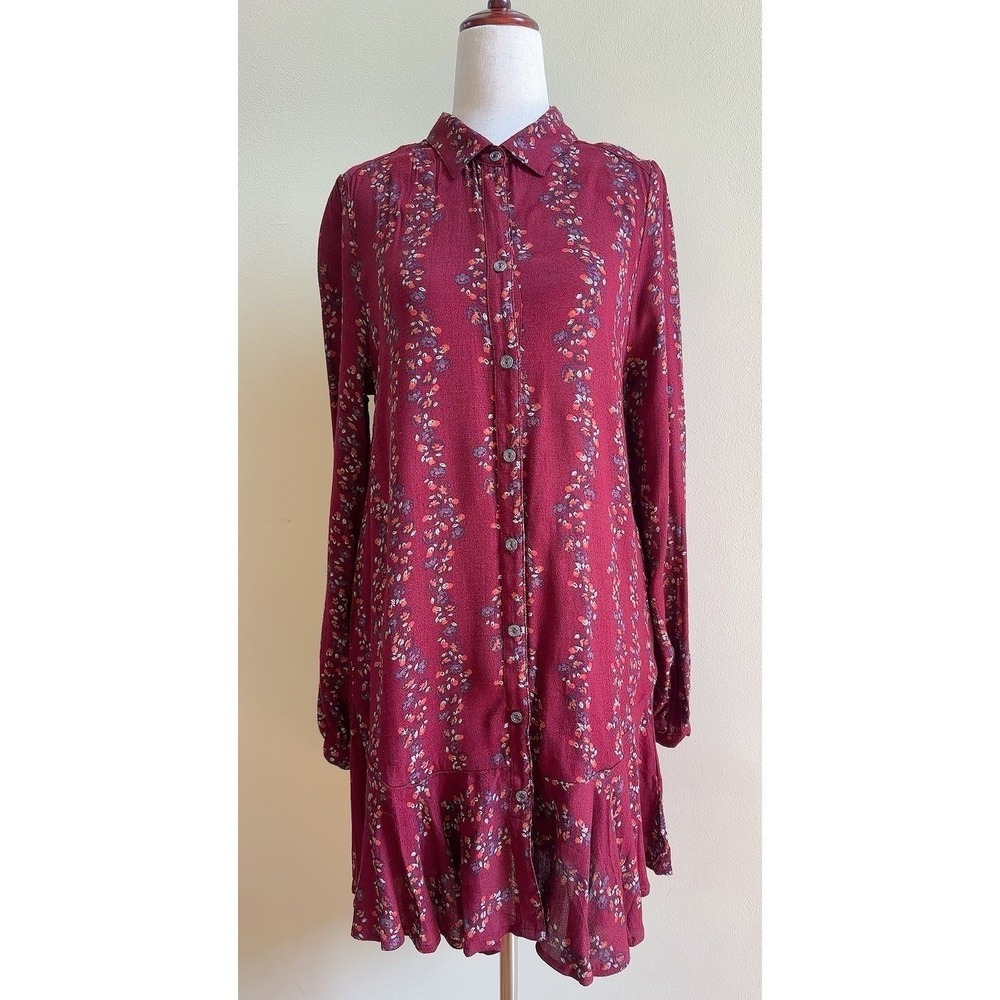 Free People Slubby Crinkle Button Down Shirtdress Size XS Cranberry Brand New